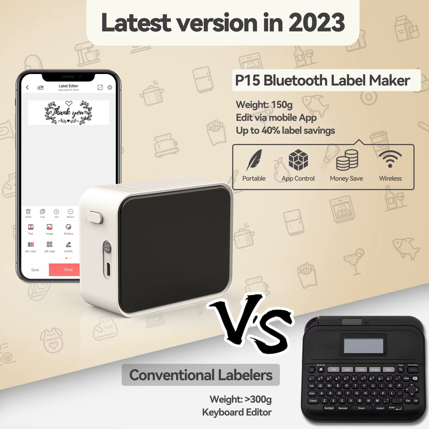 Portable Label Maker P15 Adhesive Thermal Label Printer Wireless Bluetooth Sticker Printer with P15 Self-Adhesive Label Paper