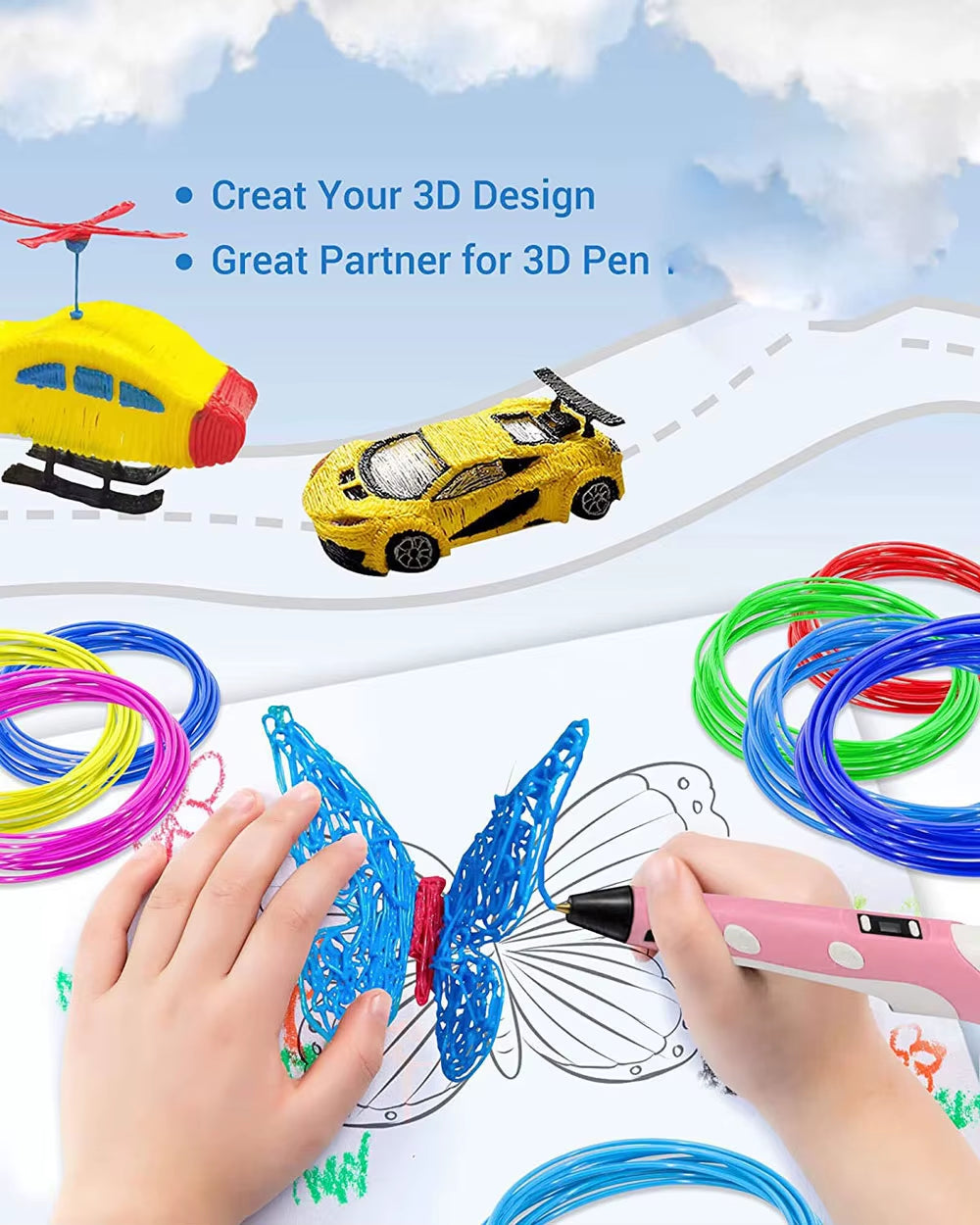 Colored PLA Filament for 3D Pen Printing - Smoke-Free and Safe Plastic Refill in Various Lengths (36M, 50M, 100M, 150M, 200M) for Children's 3D Printing Pens