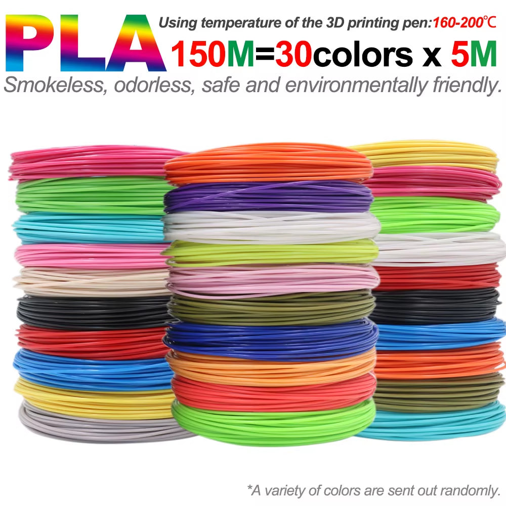 Colored PLA Filament for 3D Pen Printing - Smoke-Free and Safe Plastic Refill in Various Lengths (36M, 50M, 100M, 150M, 200M) for Children's 3D Printing Pens