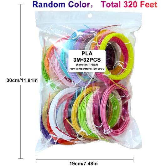 32-Color 3D Pen Filament Set, 1.75mm PLA, 10 Feet (3m) per Color, Total Length 320 Feet (96m), Assorted Colors