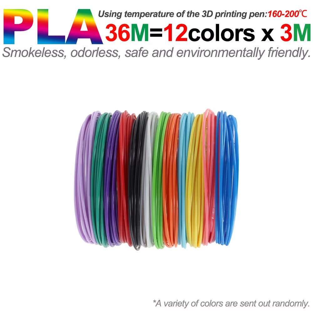 Colored PLA Filament for 3D Pen Printing - Smoke-Free and Safe Plastic Refill in Various Lengths (36M, 50M, 100M, 150M, 200M) for Children's 3D Printing Pens